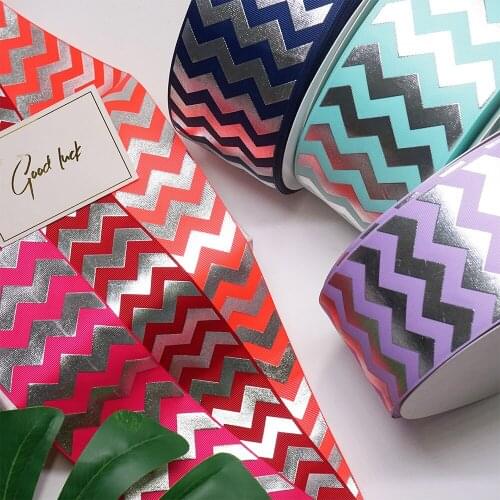 Free shipping 50 yard silver foil chevron printed grosgrain ribbon