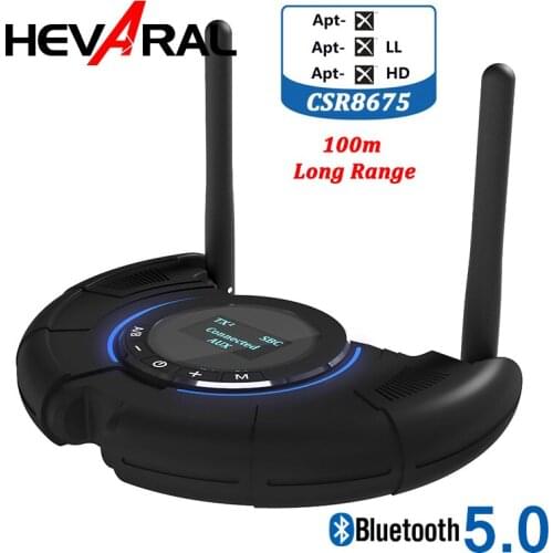 HEVARAL 100M Long Range Bluetooth Audio Transmitter Receiver CSR8675 Aptx HD Low Latecy Spdif Optical AUX 3.5MM Wireless Adapter
