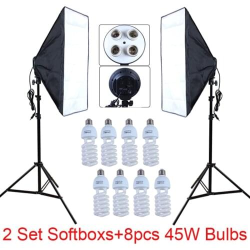 Photo Studio Diffuser 2Pcs Softbox 4-Lamp-Holder Socket With 50*70cm Continuous Lighting include Light Stand with 45W Bulbs
