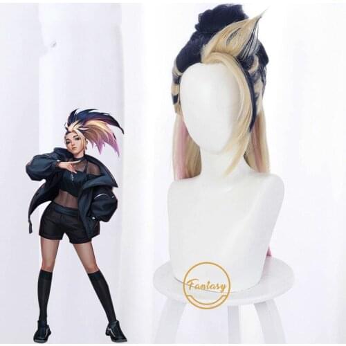 Game LOL Wigs KDA The Baddest Akali Mixed Color Ponytail Cosplay Heat Resistant Synthetic Hair+ Free Wig Cap