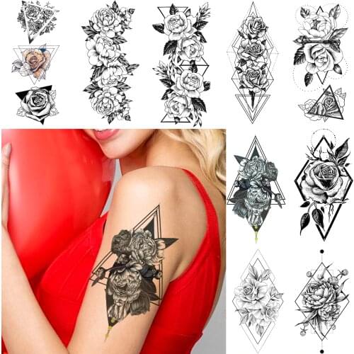 Cool Geometric Triangle Flower Arm Tattoo Temporary Rose Floral Bloosom Tattoo Sticker For Women Body Art Fake Tatoo On Back Leg