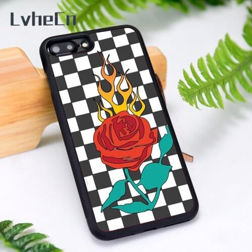 LvheCn Silicone Rubber Phone Case Cover for iPhone 6 6S 7 8 Plus X XS XR 11 12 Mini Pro Max Rose Black Checkers
