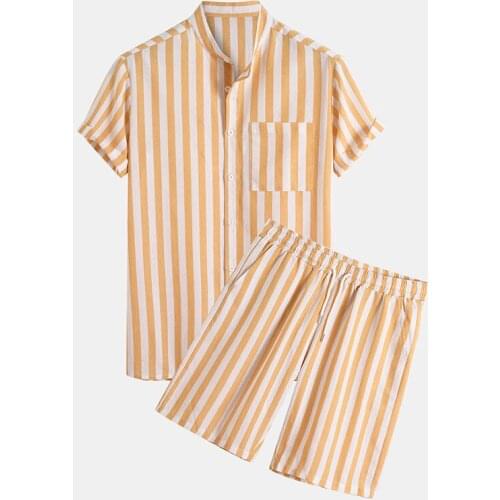 Mens Hawaiian Striped Stand Collar Short Sleeve Shirt Set Fashion Casual High Quality Beach Holiday Shorts 2-piece Set Summer