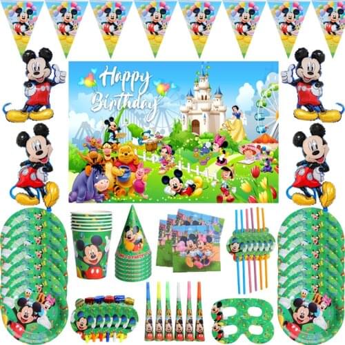 Mouse Theme Disposable Tableware Set Kids Birthday Party Supplies Paper Plate Cup Napkin Flag Girl Pink Wedding Cake Decoration