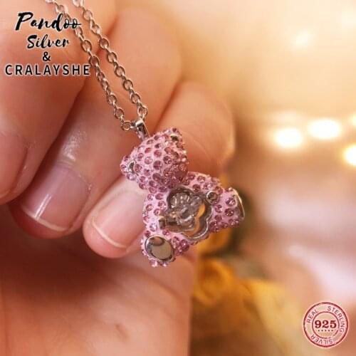 CRALAYSHE Trendy Charm Original 1:1 Copy, SWAN Beating Heart Cute Childlike Pink Teddy Bear Pendant Necklace Female Jewelry Gift