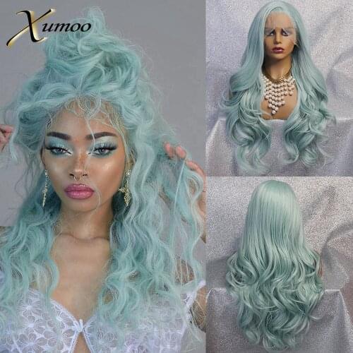XUMOO Mint Green Synthetic Lace Front Wig Heat Resistant Long Wavy Wig Peruca Glueless Cosplay Synthetic Wigs For Black Women