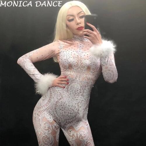 Sexy Stage White Printed Spandex Jumpsuit Rhinestones Leggings One Piece Womens Stage Costume Nightclub Dance Bodysuit