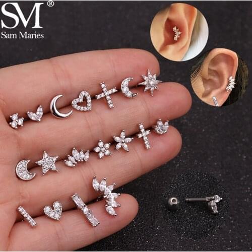 1Pc Floral Star Heart Cross Crown Bar Cartilage Piercing Stud Helix Jewelry Tragus Conch Rook Earlobe Screw Back Earring Jewelry