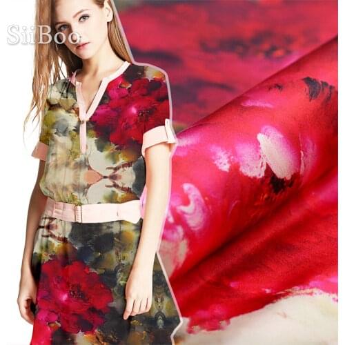 Designer luxury red floral positioning print spandex silk fabric for dress stretch silk cloth tela tejido tissue 19mm SP3704