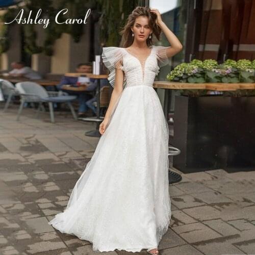 Ashley Carol A-Line Wedding Dress 2021 Beading V-neck Ruched Sleeveless Sexy Backless Beach Boho Bride Dresses Vestido De Noiva