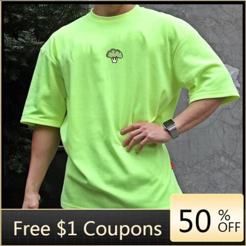 Loose Asian Size M-3XL Broccoli Print Fitness Short-sleeved Mens Summer Cotton Stretch Sports Leisure T-shirt Round Neck Top