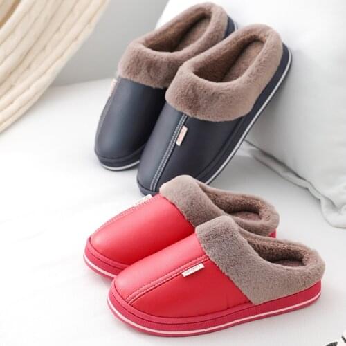 Men And Women Couple Winter PU Leather Cotton Slippers Women Home Non-Slip Candy Color Slipper Female Cotton Shoes