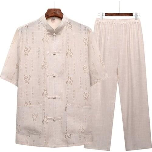 Traditional Chinese Clothing for Men Adult Set Tang Suit Hanfu Short Sleeve Linen Kung Fu Tai Chi Performance Costumes