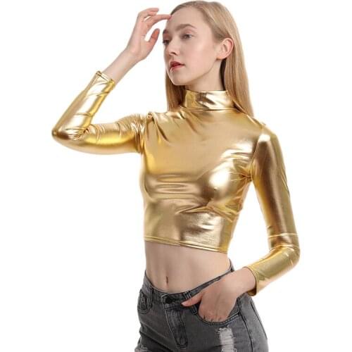 Urtleneck Casual T Shirt Solid Color Cosplay Slim Patent Leather Long Sleeved Top Short Sexy T Shirt