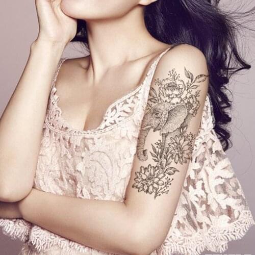 Elephant Waterproof Temporary Tattoo Sticker Black Flowers Branches Leaves Fake Tattoos Flash Tatoos Arm Body Art for Women Men