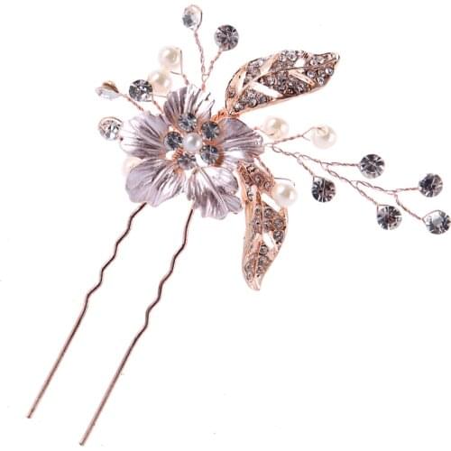 Rose Gold Hairpin Handmade Bride Hair Jewelry Rhinestone Pearl Flower Leaf Wedding Hair Accessories Exquisite Women Hair Pins