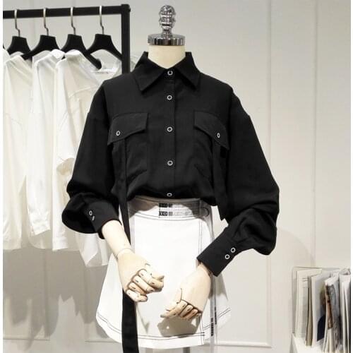 Womens Spring Autumn Runway Fashion Long Sleeve Black Pocket Shirt Female High Waist Casual Plus OL Blouse Tees Tops TB1621