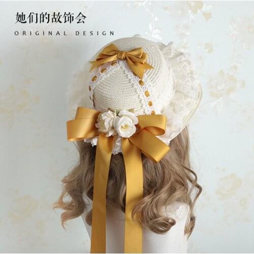 2021 new Lolita straw hat female summer sun shade sunscreen Lolita seaside bow sun hat