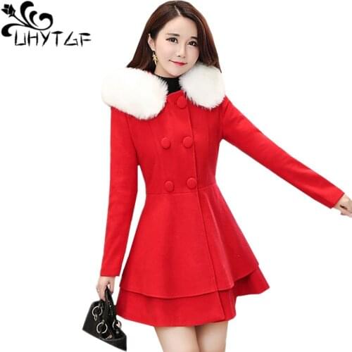 UHYTGF Winter Woman Jacket Fashion Fur collar Hooded Slim Coat Ladies Double breasted Elegant Female Coats Plus size Jacket 694