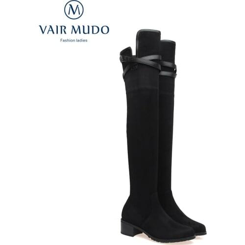 VAIR MUDO Knee-High Boots Shoes High Heels Round Toe BlackConcise Elegant Boots Kid Suede Black Autumn Winter Fashion WM-X228-C