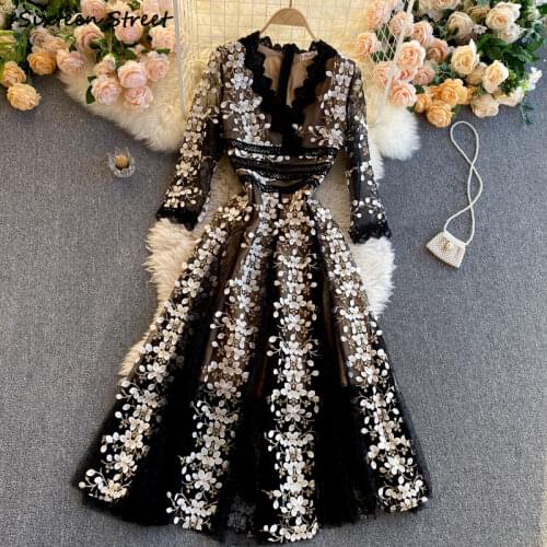 Lace Embroidery Black Dresses for Woman V-neck Vintage Evening Party Dress Bodycon Woman Long-sleeve Autumn Runway Luxury Dress