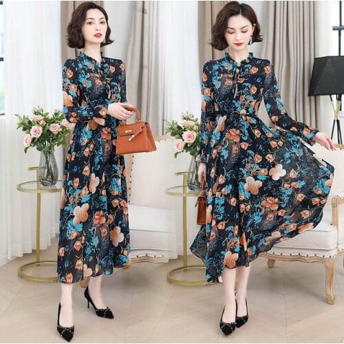 Elegant Stand Collar Long A-line Chiffon Floral Print Big Swing Fashion Women Dresses Plus Size Vestido De Festa