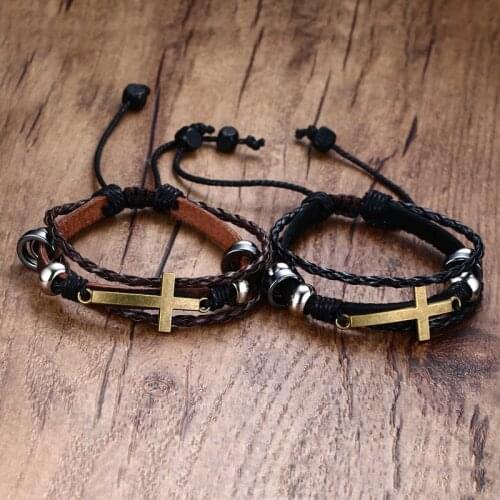 2021 Trendy Alloy Black Stone Leather Material Cross Adjustable Length Personality Suitable For Women And Mens Bracelet