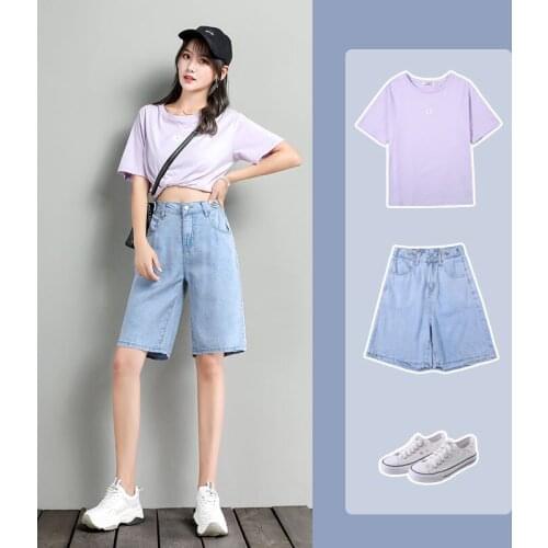 2021 Summer Mom Blue Jean Knee Length Stretchy Soft Shorts Womens Denim Jeans Shorts Loose Long Casual Shorts
