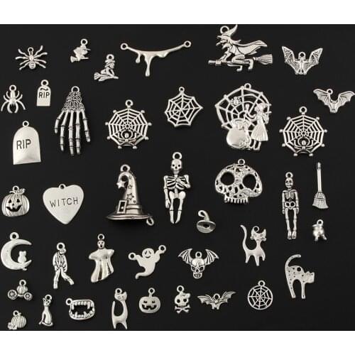 40pcs Mix Silver Color Halloween Pumpkin lantern Charms Witch Hat Ghost Pendants Collection DIY Handmade Jewelry Accessorie M222