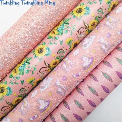 Unicorn Printed Glitter leather, Sunflowers Printed Synthetic Leather Faux Fabric Sheet For Bow 21x29CM Twinkling Ming KM370