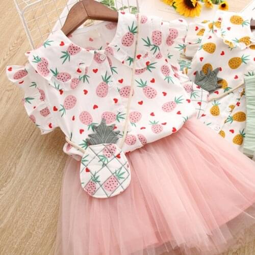 Children Clothing Sets Summer Pineapple Printed Shirt+Tutu Skirt +Pineapple Bag 3Pcs Sets Baby Girl Outfit