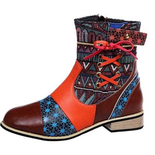 Colorful Boots Genuine Leather Splicing Flower Lace Up Zipper Flat Short Boots Elegant Shoes Women Shoes Botas Mujer35-43