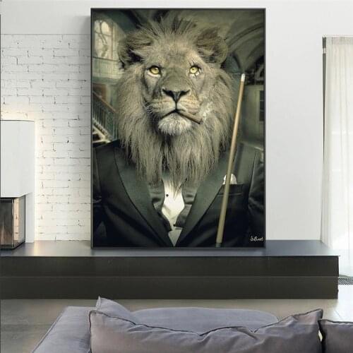 Mafia Lion Smoking In Suit Play Snooker Canvas Wall Art Poster And Prints Painting On Wall Picture For Living Room Decoration