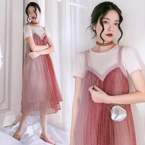 Fashion Summer Pregnancy Clothes Pregnant Dress Casual Maternity Dress Two Piece Suit Sling+T-shirt Pregnant Dresses for Women