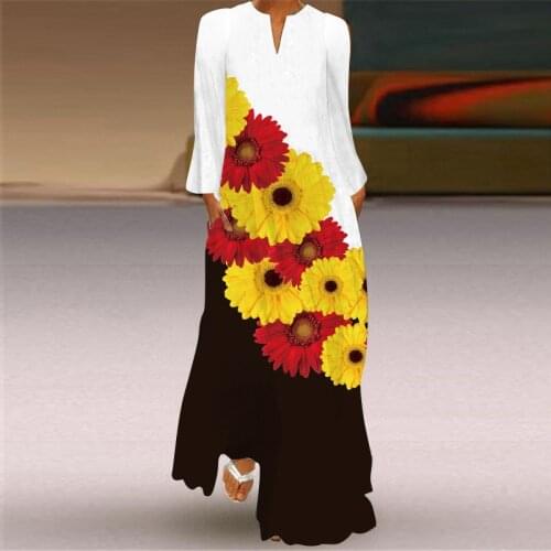 Autumn Sunflower Print Dresses 2021 Women Plus Size Long Sleeve V-Neck Maxi Dreeses Loose Flowy Long Party Dress Vestido S-5XL
