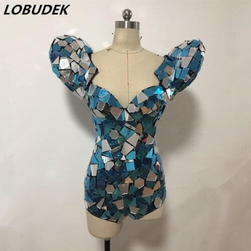 Sexy V-neck Mirror Bodysuit Gold Silver Sequin Bodysuits Women Jazz Mechanical Dance Costume Nightclub Leading Dancer Stage Wear