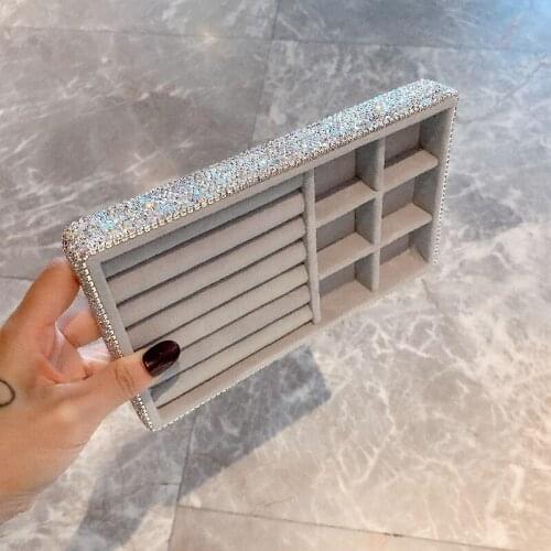 Shiny diamond jewelry storage box tray Necklace Ring Bracelet drawer display rack bracket girl desktop storage manager gray
