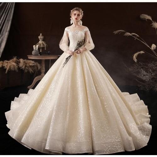 Wedding Dress O-Neck Tulle Floral Print Embroidery Full Puff Sleeves Simple Elegant Lace up Long New Women Bride Dresses B035
