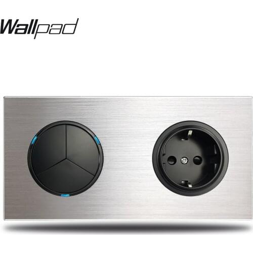 3 Gang Triple Light Switch with EU Wall Electric Outlet Socket Silver Brushed Aluminum Alloy Panel Dual Plate, 172 * 86 mm