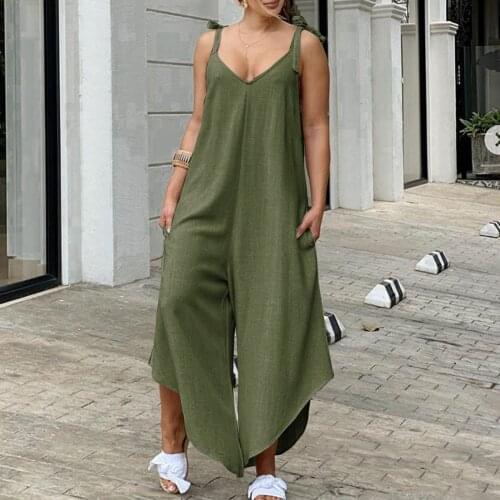 2021 Summer Women Holiday Casual Sleeveless Plus Size Jumpsuits Fashion Ladies Solid Bodysuit Wide Leg Loose Long Pants Trousers