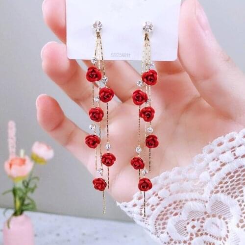 2020 New Trend Korea Red Rose Flower Long Tassel Earrings for Women Jewelry Love Tassel Temperament Holiday Earrings Pendientes