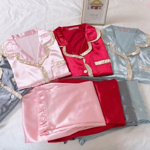 M-XXL Women Pajamas Set 2 Pieces Faux Silk Printed Sleepwear Sleeping Shirt Home Wear Long Sleeves Spring Autumn Homewear New