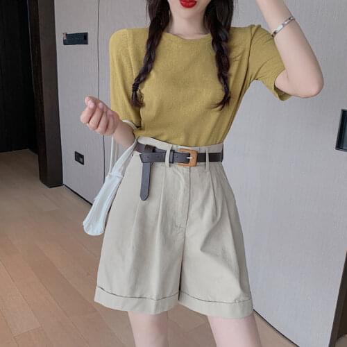2021 Summer Casual Fashion Suit Womens Cotton Top + Wide-leg Shorts Two-piece Suit
