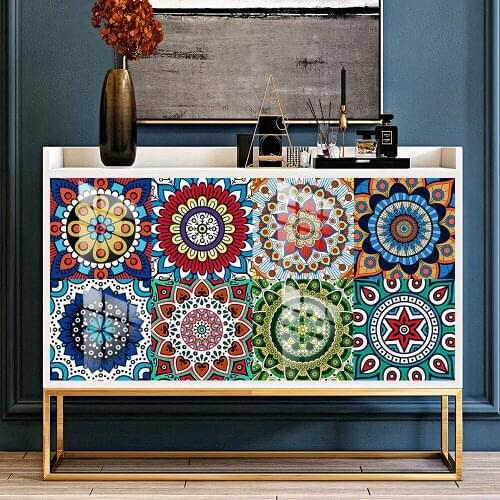 16pcs/set Mandala Style Ceramics Tiles Wall Sticker Kitchen Bathroom Tables Art Mural Home Decor Peel & Stick PVC Wall Decals