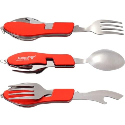 4 In 1 Multifunctional Outdoor Tableware Stainless Steel Foldable Fork Spoon Knife Picnic Camping Hiking Travelling Dinnerware