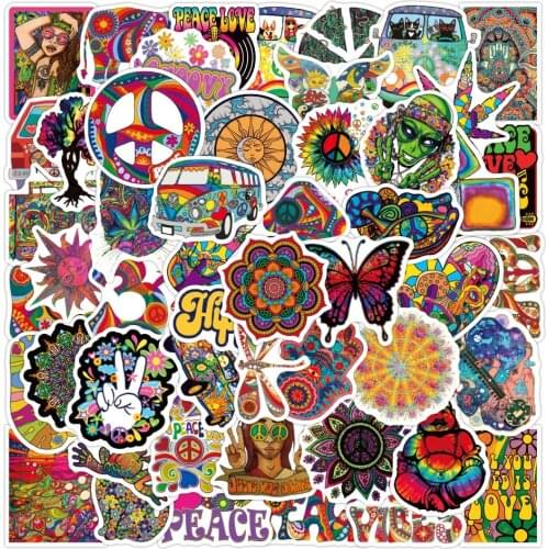 50pcs Psychedelic Hippie Stickers For Notebooks Stationery Helmet Guitar Sticker Aesthetic Scrapbooking Material Craft Supplies