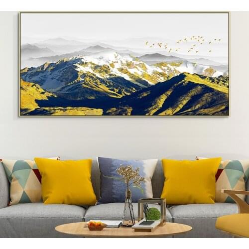 Abstract Natural Golden Bird Snow Mountain Cuadros Wall Art Pictures Painting Wall Art for Living Room Home Decor (No Frame)