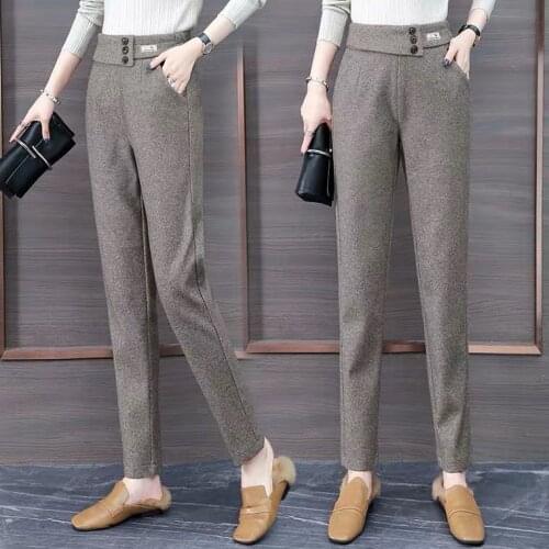 Women 2021 Autumn Winter Thicken Pencil Pants OL Style Wool Female Work Suit Pant High Waist Ladies Slim Woolen Trousers X505