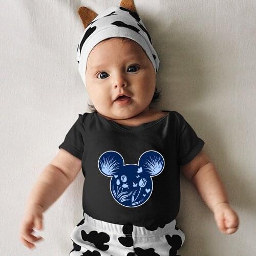 Disney Newborn Romper Summer Short Sleeve Fashion Kawaii Mickey Mouse Head Graphic Black White Baby Jumpsuit