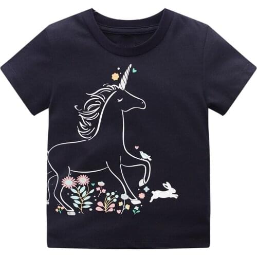 27kids Girls Short Sleeve T-shirts Tops Clothes Black Unicorn Pattern Children Clothing Kid Casual Cotton Outfit 2-8Years